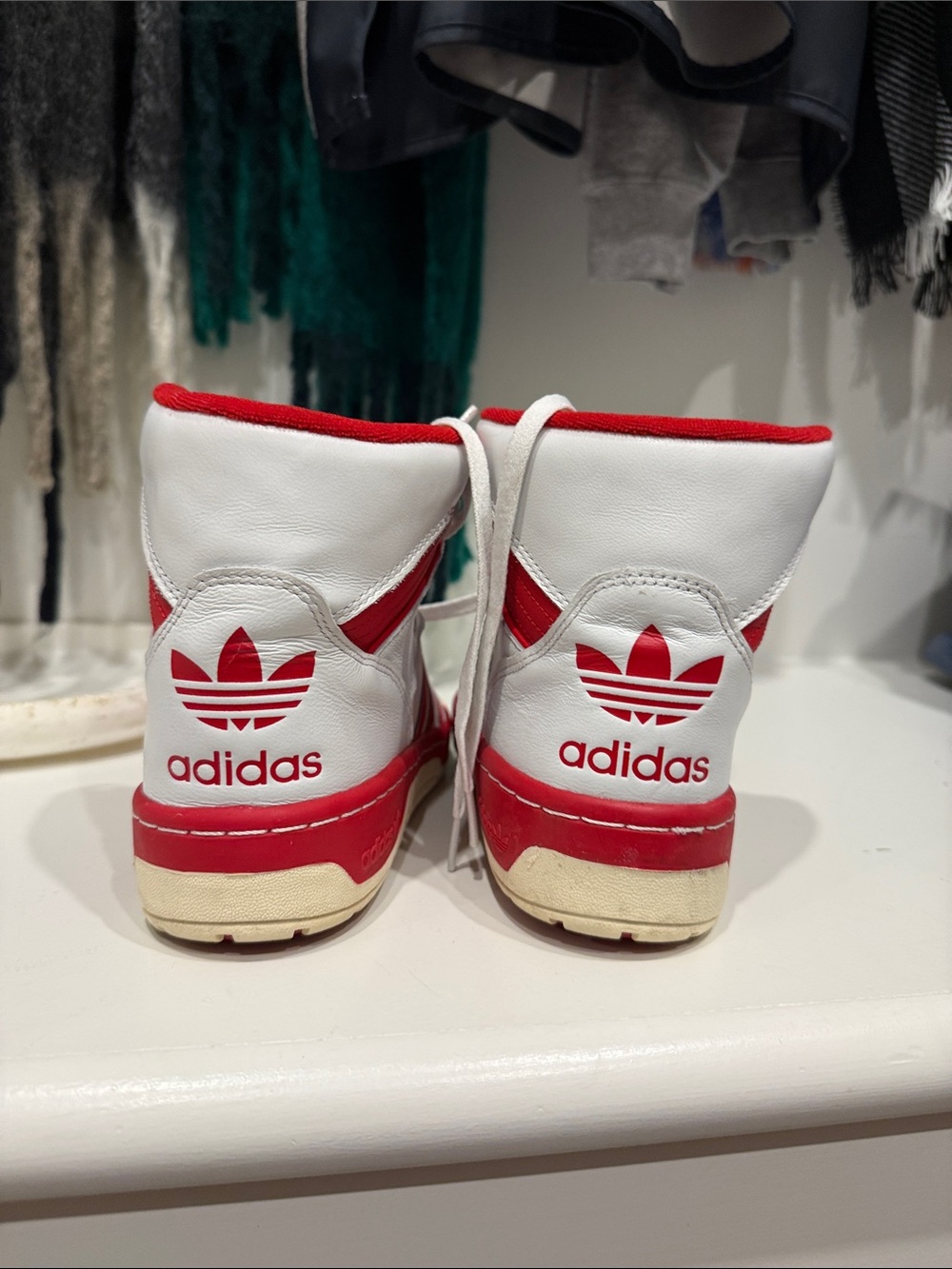 adidas White and Red High-Top Sneakers with Classic Three Stripes - Picture 4 of 4